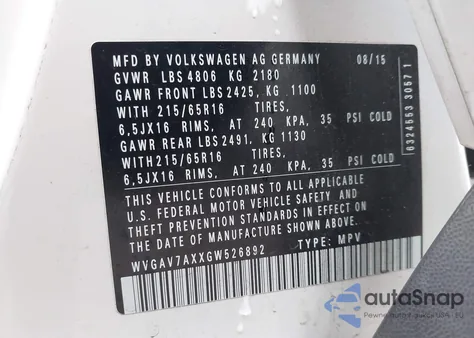 2016 Volkswagen Tiguan S z USA, uszkodzony, nr VIN WVGAV7AXXGW526892